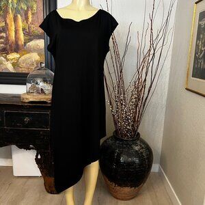 bryn WALKER Black Dress deep round neckline sleeveless asymetrical straight cut